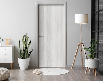 May include: A light-colored wooden door with a silver handle is the focal point of this interior shot. A white dresser, a floor lamp, and potted plants add to the room's decor. A round white rug and slippers are on the wooden floor.