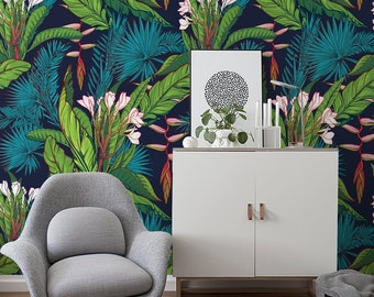 Tropical Jungle Wallpaper In Roll, Green Reusable Wall Mural, Floral Pattern, Home Makeover #176R