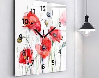 Reloj de cristal con amapolas rojas pintadas, reloj con estampado rojo, reloj de pared moderno con arte, reloj de pared personalizado, números o líneas