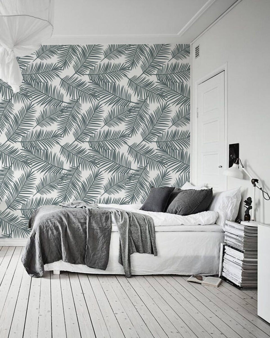 Grey Palm Leaf Wallpaper in Roll Gray Reusable Wall Mural Etsy