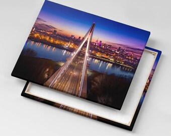 Bridge and city in the evening Canvas, Picture Wall Hanging, Purple Wall Decor, Travel Canvas Print