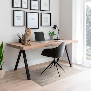 May include: A light brown wooden desk with black metal legs, a black office chair, a laptop computer, a cat, a lamp, and a potted plant. The desk has a grey and white patterned rug underneath.
