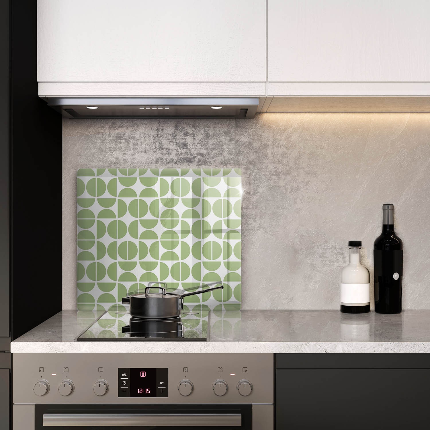 Boho Shapes Tempered Glass Wall Panel, Oven Glass Protection, Stove Top Cover, Glass Kitchen Backsplash, Green Kitchen Decor