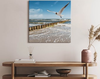 Bird by the sea Canvas, Picture Wall Hanging, Blue Wall Art, Landscape Canvas Painting