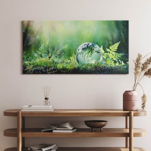Globe on the grass Canvas, Picture Wall Hanging, Green Wall Art, Abstraction Canvas Painting