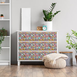 Cartoon sweets Furniture Veneer, Texture Adhesive Foils, Food Furniture Covering, Multicolor Furniture Decals, Waterproof Sticker