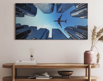 Airplane over buildings Canvas, Picture Wall Hanging, Navy Wall Art, Vehicle Canvas Painting