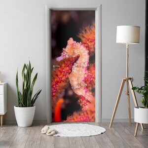 Seahorse Door Sticker, Self-Adhesive Cover, Animals Door Mural, Red Door Decals, Office Door Stickers