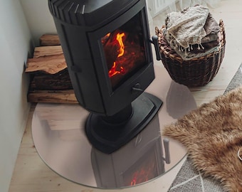Colorlight Brown Round Hearth Extension, Orange Fireplace Decoration, Glass Stove Hearth Plate, Minimalist Fireplace Floor Plate