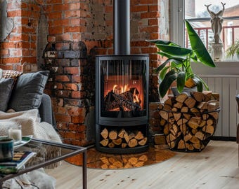 Wood Grain Round Hearth Extension, Orange Fireplace Decoration, Glass Stove Hearth Plate, Minimalist Fireplace Floor Plate