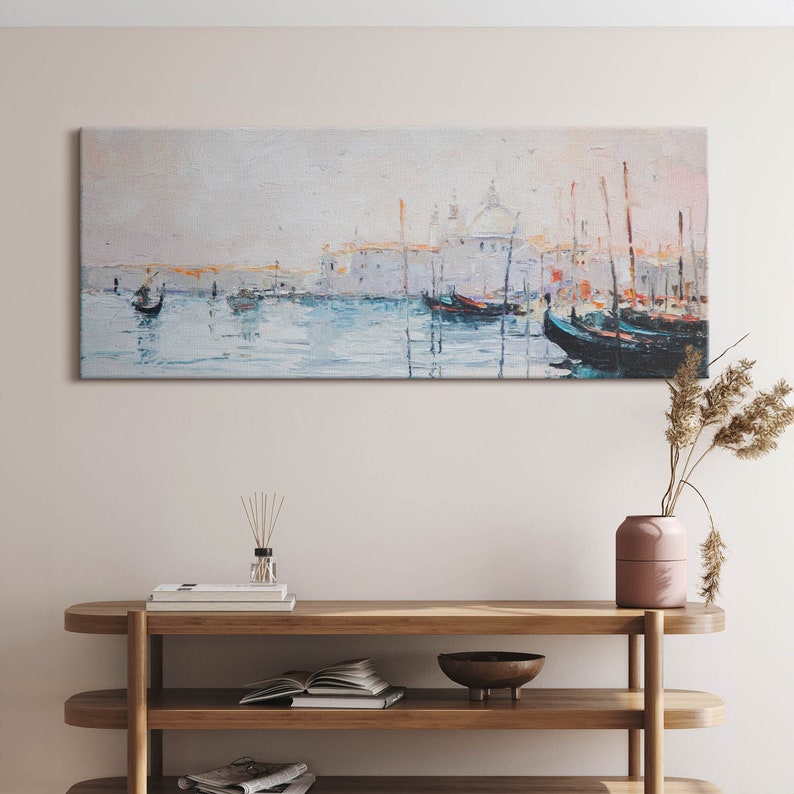 Oil painting of gondolas in Venice Canvas, Picture Wall Hanging, Blue Wall Decor, Landscape Canvas Print 125x50cm I 49"x20"