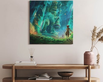 Children in a fairy tale forest Canvas, Wall Art Picture, Turquoise Wall Decoration, Abstraction Canvas Art