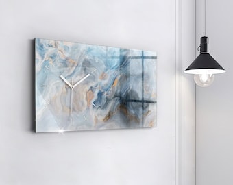 Marble pattern Modern Wall Clock, Blue Tempered Glass Clock, Abstraction Personalized Clock, Wall Clock