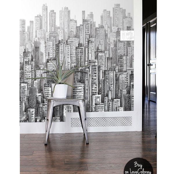 Black and white City wallpaper Hand Drawing | Peel & Stick City Wall mural | Wall art | Wall sticker  #26