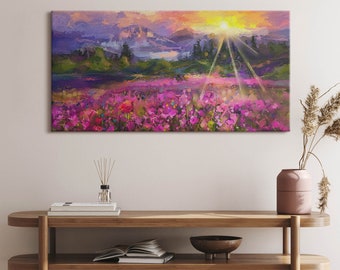 Meadow in sunset Canvas, Picture Wall Hanging, Purple Wall Decor, Abstraction Canvas Print