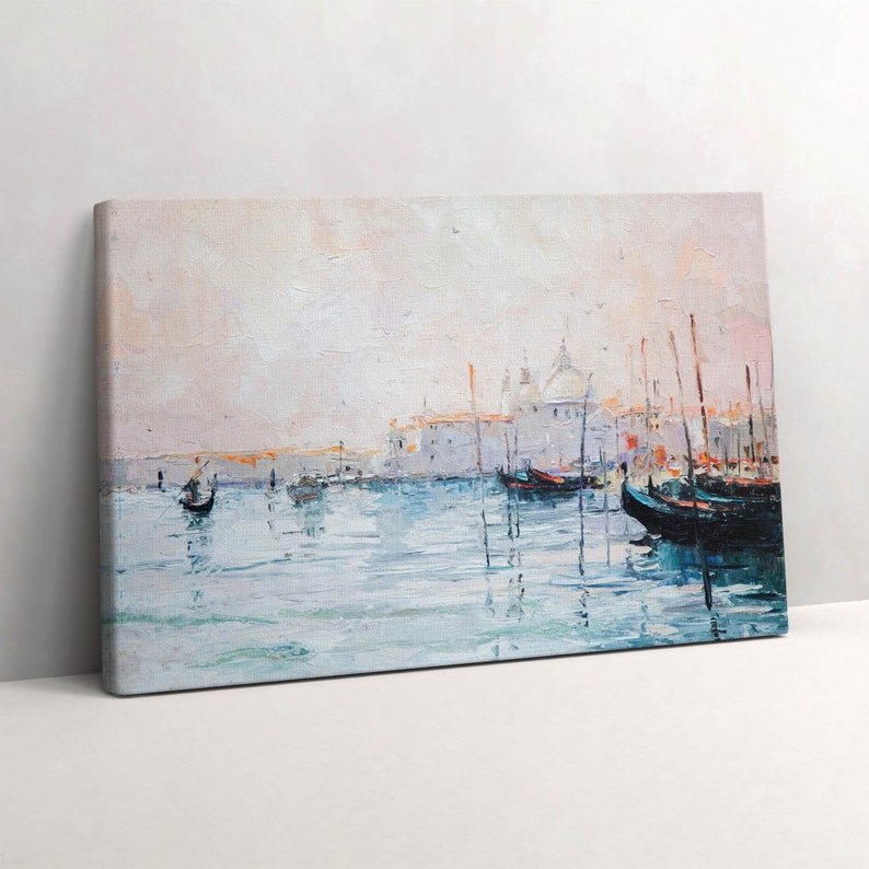 Oil painting of gondolas in Venice Canvas, Picture Wall Hanging, Blue Wall Decor, Landscape Canvas Print image 1