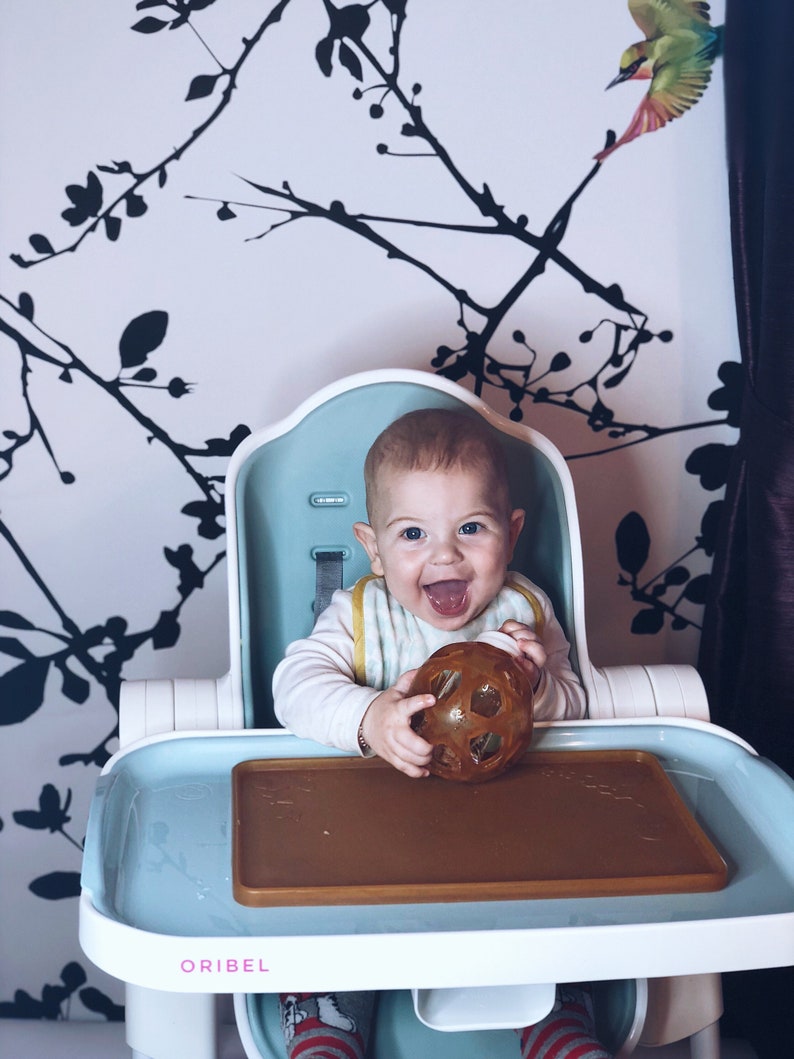 May include: A baby sitting in a high chair with a blue tray. The baby is holding a brown and clear textured ball. The high chair has a white frame and a blue seat. The tray has a brown silicone mat. The high chair has the word "ORIBEL" printed on the front.