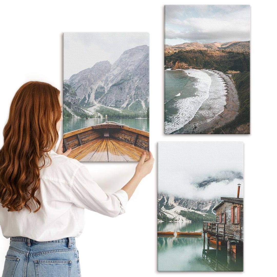 Canvas Set of 3 - View of the Mountains Over the Lake With A Boat and A ...