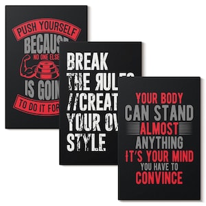 Pode incluir: Três impressões em tela pretas com citações motivacionais em branco e vermelho. Uma diz "Push Yourself Because No One Else Is Going To Do It For" com um gráfico de levantamento de peso. Outra diz "Break The Rules / Create Your Own Style". A terceira diz "Your Body Can Stand Almost Anything It's Your Mind You Have To Convince".