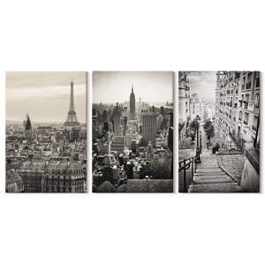 Set Of 3 Canvas Prints - City Views Paris New York And Charming Stairs, Beige Picture Canvas Print, Travels Hanging Piece