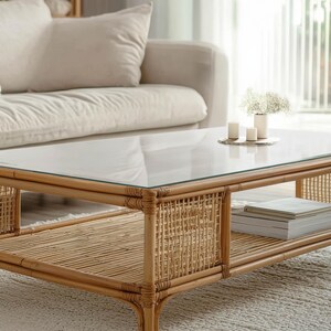 Peut inclure: Table basse rectangulaire avec un plateau en verre transparent et un cadre en bambou naturel. La table comporte une étagère inférieure et des panneaux latéraux tressés. Un canapé et des objets décoratifs sont visibles en arrière-plan.