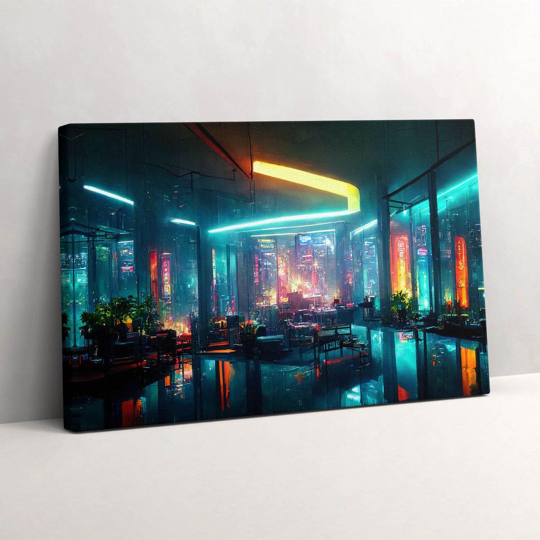 A City in Cyberpunk Style Canvas, Picture Wall Hanging, Blue Wall Art ...