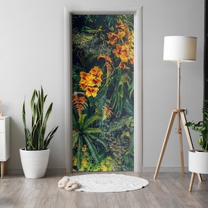 Tropical Jungle Door Sticker, Self-Adhesive Cover, Flowers and plants Door Mural, Black Door Decals, Office Door Stickers