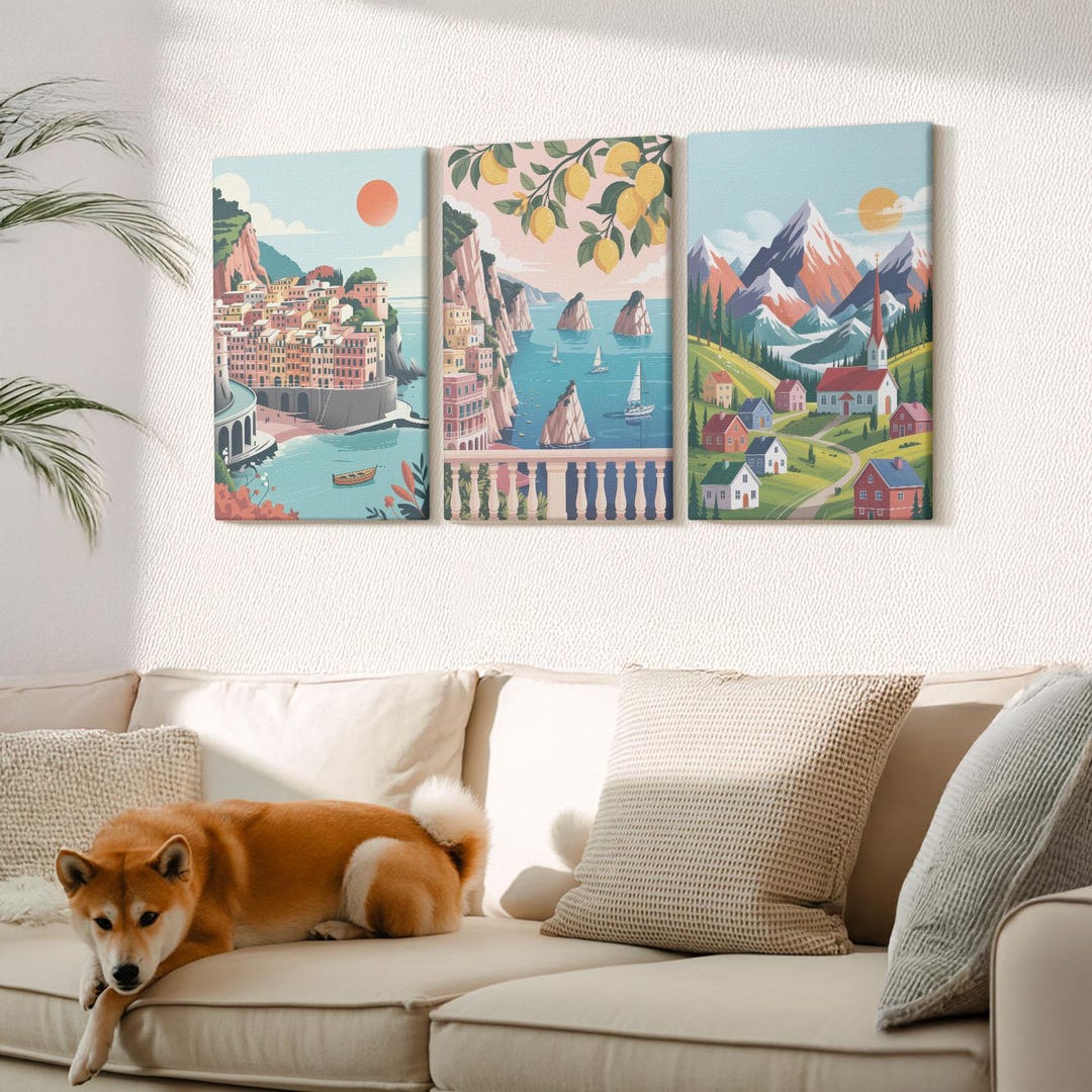 Canvas Set of 3 Wall Art - Colorful Mountain Landscapes and Seaside ...