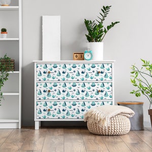 Ships and Whales Furniture Veneer, Texture Adhesive Foils, Kids Furniture Covering, Green Furniture Decals, Waterproof Sticker