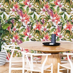 Colorful Tropical Plants Wallpaper In Roll, Green Reusable Wall Mural, Floral Pattern, Home Makeover 12R image 1