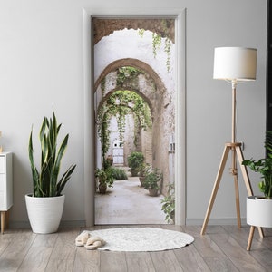 Green Courtyard Door Sticker, Self-Adhesive Cover, Architecture Door Mural, Beige Door Decals, Office Door Stickers