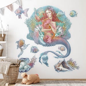 Mermaid cartoon world Wall Stickers for Children&#39;s Room, Pastel Kids Room Decor, Fantastic Wall Decal for Baby Room, Self Adhesive Decal
