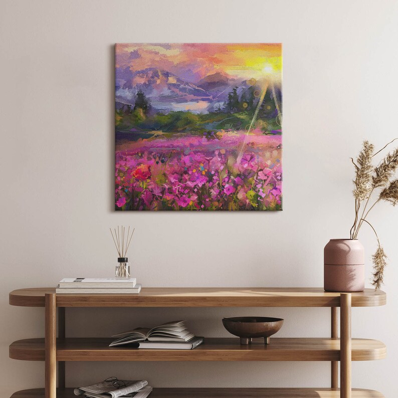 Meadow in sunset Canvas, Picture Wall Hanging, Purple Wall Decor, Abstraction Canvas Print 60x60cm I 24"x24"