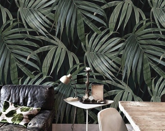 Dark Monstera Wallpaper In Roll, Green Reusable Wall Mural, Floral Pattern, Home Makeover #50R