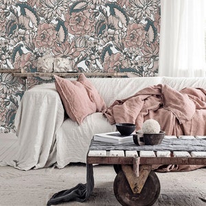 Traditionelle Blumen Tapete in Rolle, Rosa Wandbild, Wiederverwendbare Tapete, Blumenmuster, Wandbild #146R