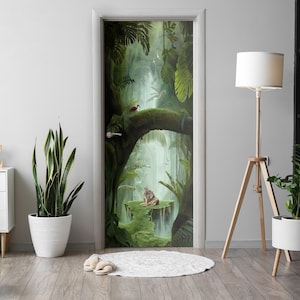 A Tropical Oasis Door Sticker, Self-Adhesive Cover, Animals Door Mural, Green Door Decals, Office Door Stickers