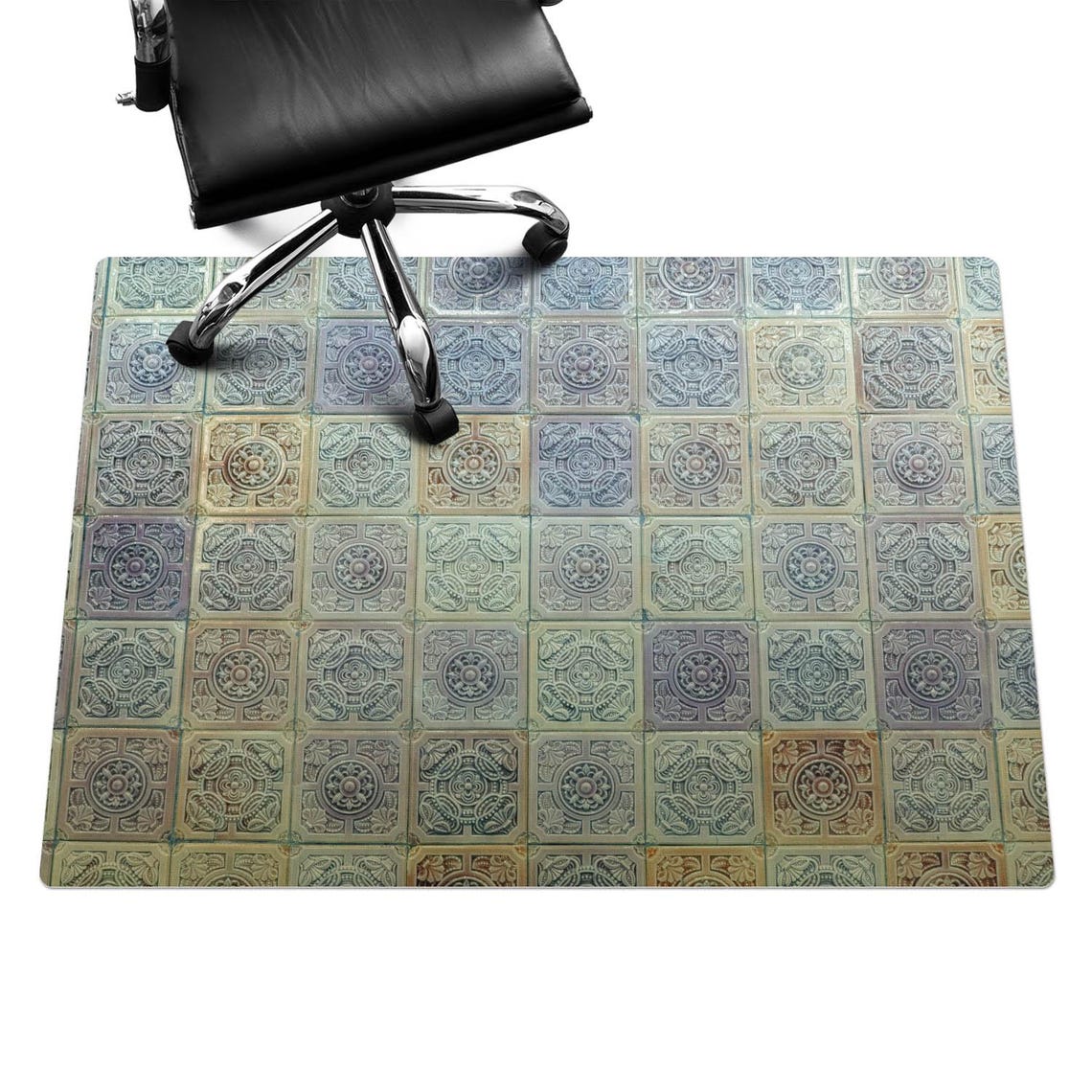 Retro Vintage Tiles Chair Mat, Green Office Chair Floor Protector ...