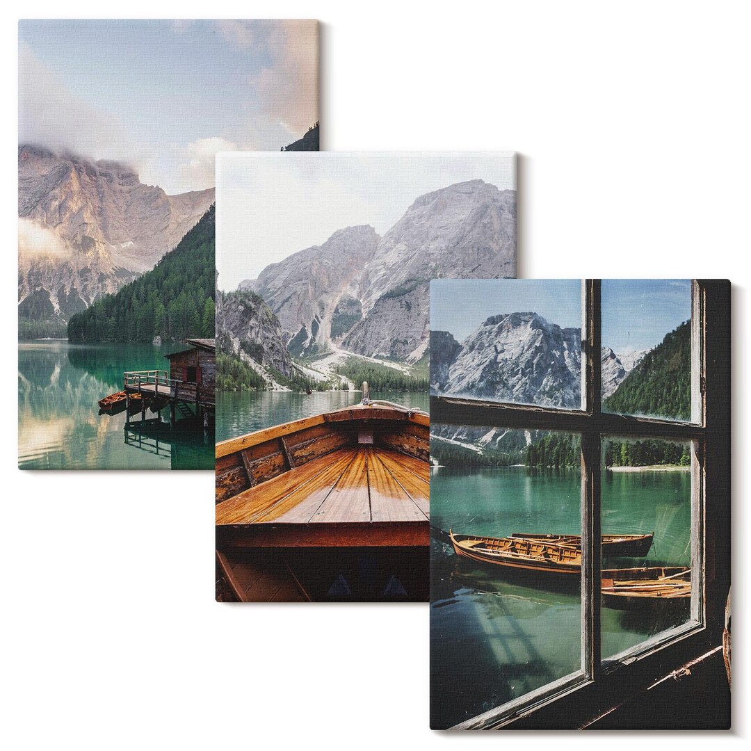 Canvas Wall Art Set of 3 - Mountain Lake With A Boat and Wooden Houses ...