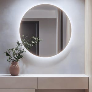 Sleek LED Mirror, Luxury Vanity Mirror, Round Mirror with LED backlight, Elegant Mirror with LED lights, Frameless Mirror