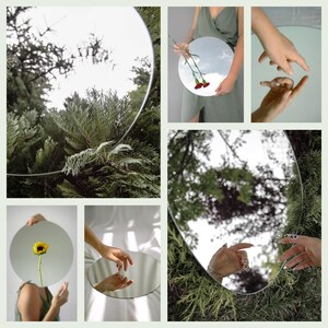 Peut inclure: Une collection de miroirs ronds refl&eacute;tant diff&eacute;rentes sc&egrave;nes, dont un tournesol, une main et une vue d'arbres et de ciel.