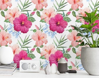 Hibiscus flower Wallpaper In Roll, Colorful Reusable Wall Mural, Floral Pattern, Home Makeover #4R