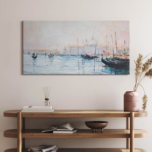 Oil painting of gondolas in Venice Canvas, Picture Wall Hanging, Blue Wall Decor, Landscape Canvas Print 100x50cm I 39"x20"