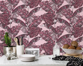 Pink Plam Wallpaper In Roll, Purple Reusable Wall Mural, Floral Pattern, Home Makeover #164R