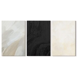 May include: A triptych of abstract art panels. The left panel features white and beige brushstrokes. The center panel is solid black with a marbled effect. The right panel has a soft, off-white and beige wash.