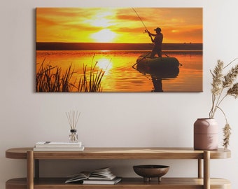 Fisherman and sunset Canvas, Picture Wall Hanging, Brown Wall Decor, Landscape Canvas Print