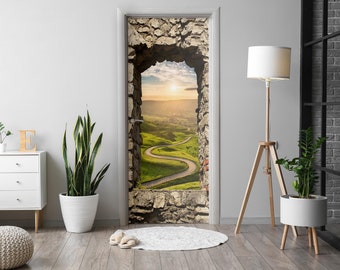 Adesivo de porta "Vista da janela", capa autoadesiva, mural de porta com paisagens, decalques de porta bege, adesivos de porta de escritório