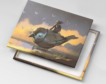 A girl sitting on a bird Canvas, Wall Art Picture, Yellow Wall Decoration, Animals Canvas Art