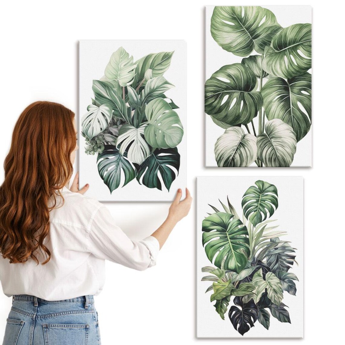 Set of 3 Canvas Prints - Green Leaves of Tropical Plants Watercolors ...