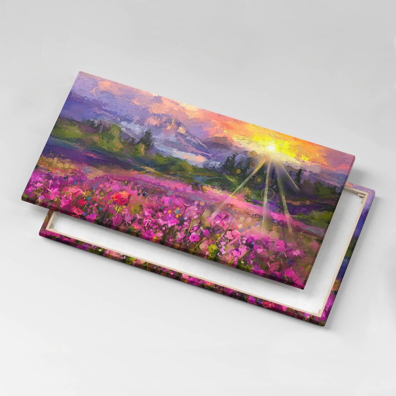 Meadow in sunset Canvas, Picture Wall Hanging, Purple Wall Decor, Abstraction Canvas Print 140x70cm I 55"x28"