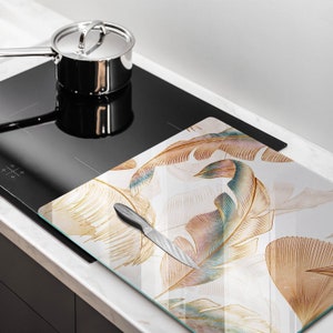 Panneau mural bohème en verre trempé plumes et feuilles, vitre de protection pour le four, couvercle du dessus de cuisinière, dosseret de cuisine en verre, décoration de cuisine beige